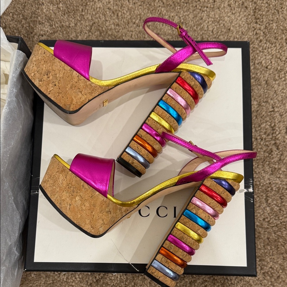 Gucci Multicolor Cork Leather Platform Sandals Size EU 37 Excellent Condition
